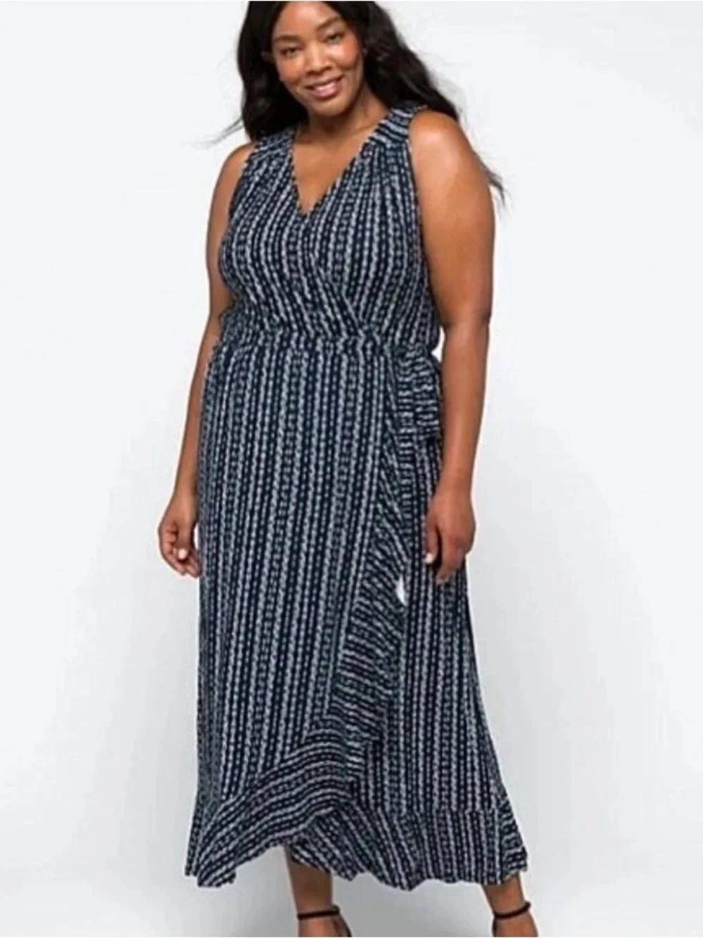 Loveappella Navy and White Striped Sleeveless Wrap Maxi Dress - Picture 1 of 6